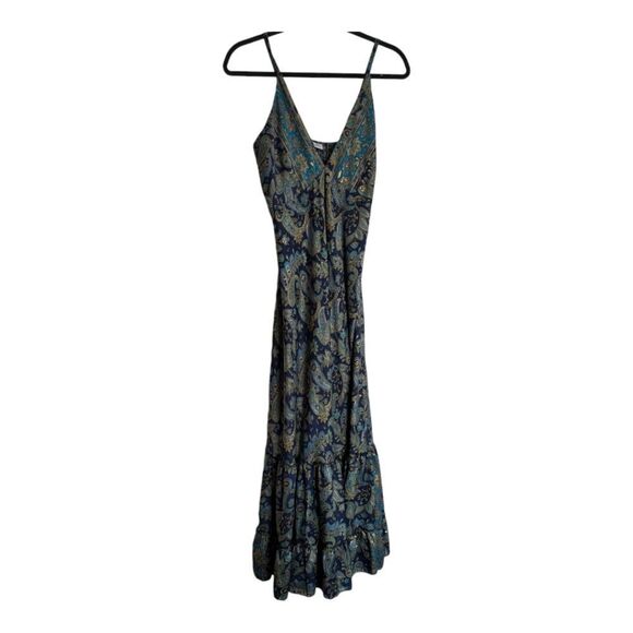 Stunning Blue Vintage silk maxi bohemian dress parsley print size M - Picture 6 of 10